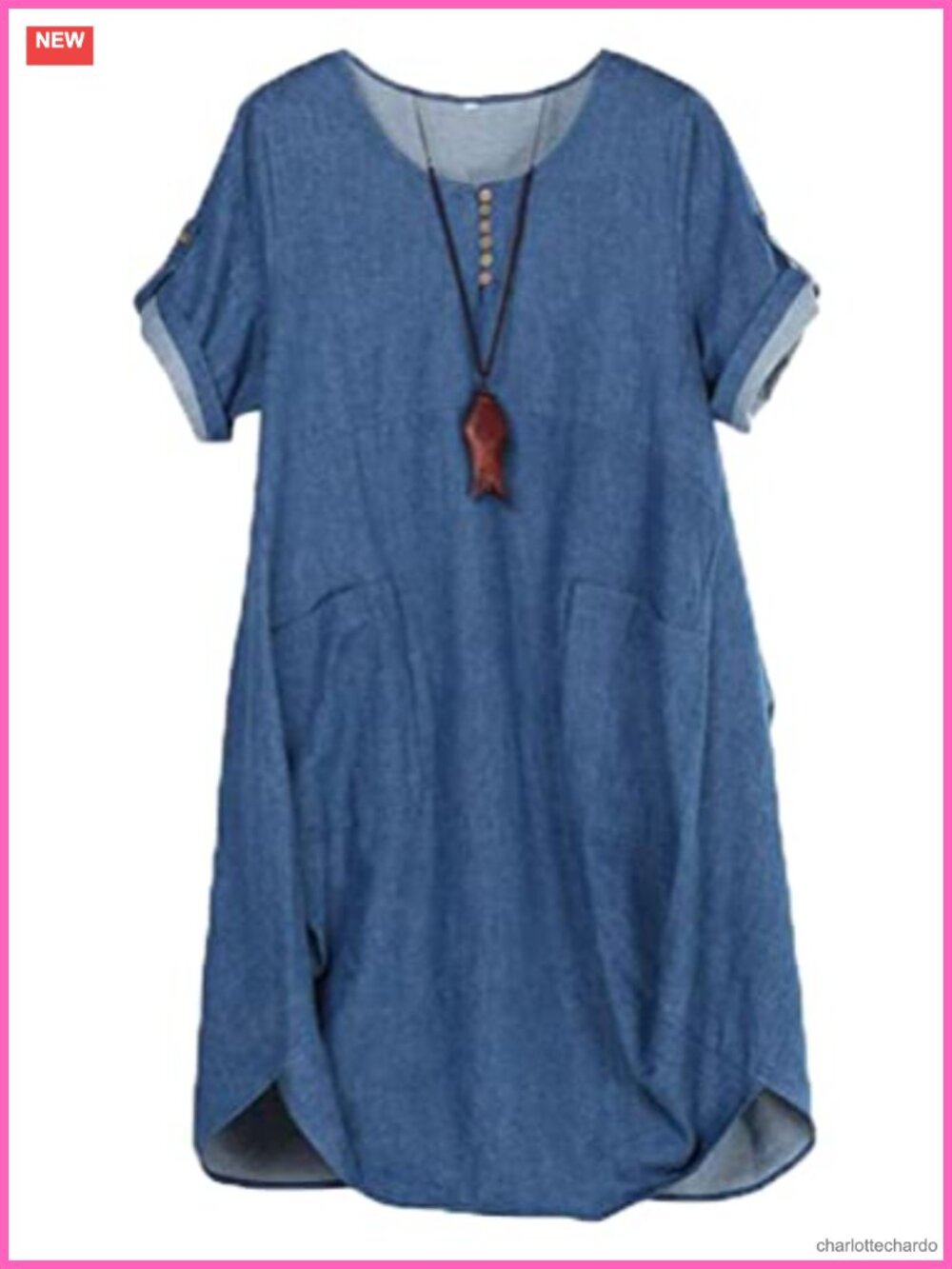 Women Plus Size Cotton Linen Shift Dress Short Sleeve with Cargo Pockets